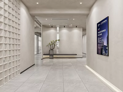 Modern Office Corridor With White Grid Wall Grey Bench Green Plant And Black Framed Poster 3d model