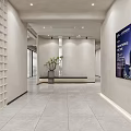 Modern Office Corridor With White Grid Wall Grey Bench Green Plant And Black Framed Poster