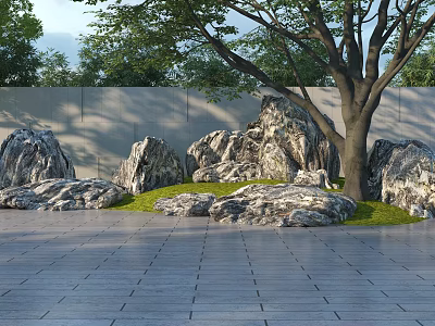 Natural Outdoor Landscape With Rock Formations Large Tree Green Grass And Paved Ground 3d model