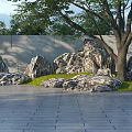 Natural Outdoor Landscape With Rock Formations Large Tree Green Grass And Paved Ground