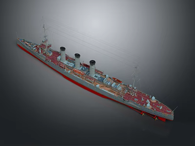 Vintage Warship With Multiple Smokestacks Gray Red Hull And Detailed Structure 3d model
