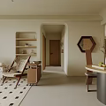 Modern Living and Dining Room Interior With Curved Wooden Cabinets Pendant Light and Dining Table