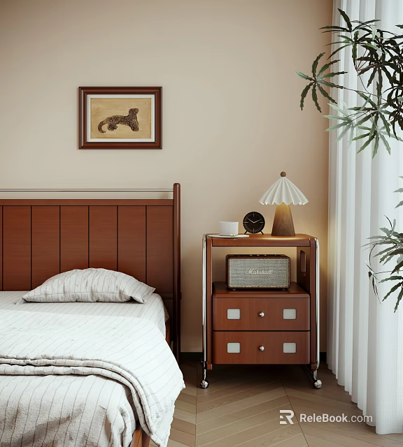 Wooden Nightstand with Table Lamp Alarm Clock and Cup beside Cozy Bed in Bedroom 3d model 
