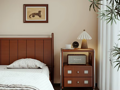 Wooden Nightstand with Table Lamp Alarm Clock and Cup beside Cozy Bed in Bedroom 3d model