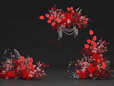 Floral Decor Display With Red Flowers Leaves And Hanging Ornamental Elements 3d model