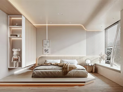 Modern Bedroom Interior Design With Built in Shelves Decorative Painting And Window Blinds 3d model