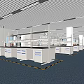 Modern Laboratory Interior Design With Lab Benches Fume Hoods Ceiling Lights And Blue Flooring