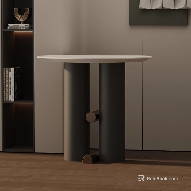 Modern Round Side Table With White Top And Black Cylindrical Legs In Interior 3d model 