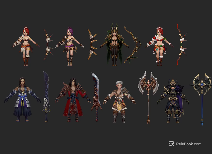 Fantasy Game Characters With Diverse Costumes Weapons And Unique Designs 3d model 