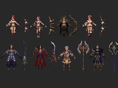 Fantasy Game Characters With Diverse Costumes Weapons And Unique Designs 3d model
