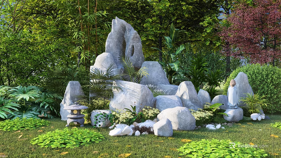 Lush Courtyard Garden With Large Landscape Rocks Green Plants Stone Lantern And Lawn 3d model 