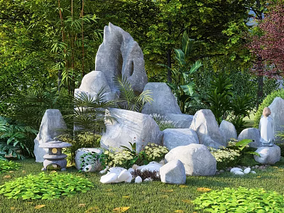 Lush Courtyard Garden With Large Landscape Rocks Green Plants Stone Lantern And Lawn 3d model