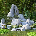 Lush Courtyard Garden With Large Landscape Rocks Green Plants Stone Lantern And Lawn