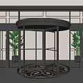 Modern Revolving Door Entrance With Black Frame Glass Green Plants And Patterned Floor