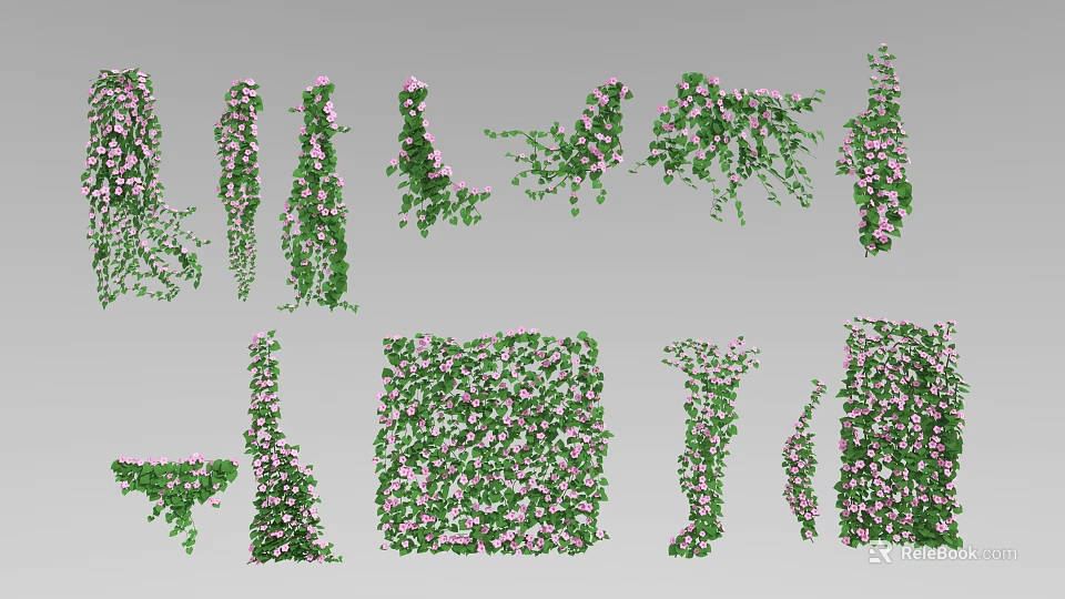 Various Decorative Vines With Green Leaves And Pink Flowers In Climbing Designs 3d model 