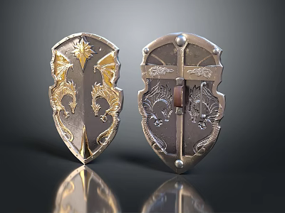 Two Ornate Metal Shields With Intricate Dragon Engravings And Decorative Patterns 3d model