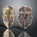 Two Ornate Metal Shields With Intricate Dragon Engravings And Decorative Patterns