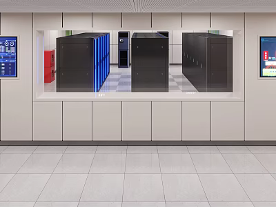 Server Room Interior With Black Racks Blue Indicator Lights And Wall Screens 3d model