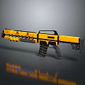 Futuristic Yellow Weapon With Multiple Circular Cylinders Black Grip And Stand 3d model