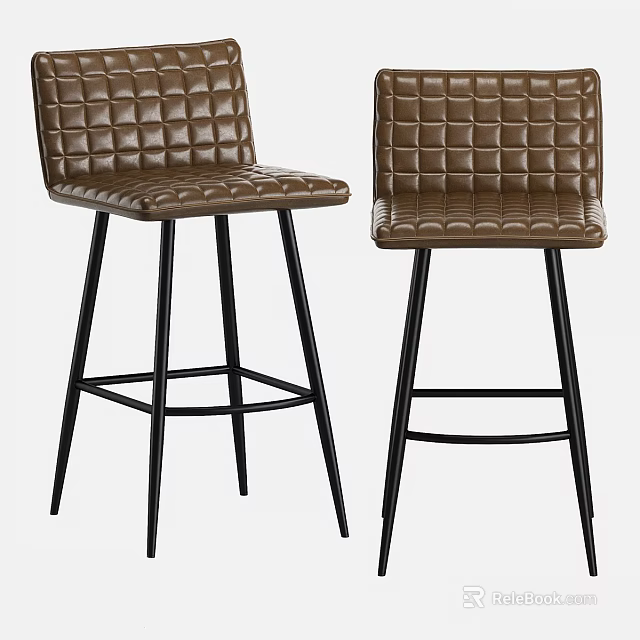 Two Brown Quilted Leather Bar Stools With Black Metal Legs Design 3d model