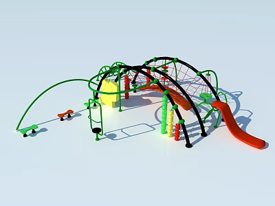 Outdoor Playground Equipment With Red Slide Green Climbing Net And Swings 3d model