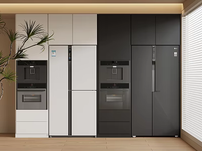 Modern Kitchen Interior Design With Black White Refrigerators Freezers And Cabinets 3d model