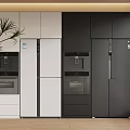 Modern Kitchen Interior Design With Black White Refrigerators Freezers And Cabinets