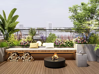 Rooftop Garden With Wooden Deck Bench Fire Pit And Lush Plants Overlooking City View 3d model