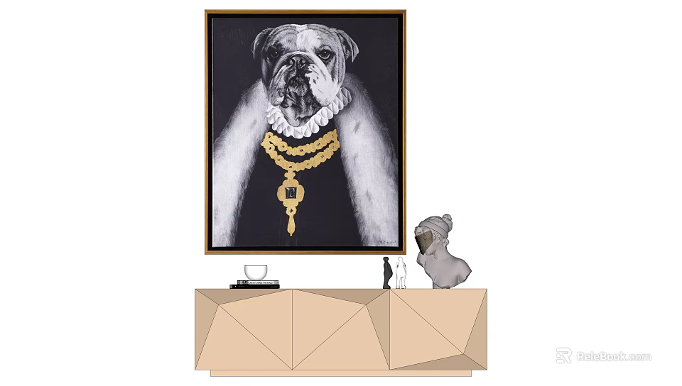 Bulldog Animal Painting With Golden Chain Collar Black Frame On Geometric Cabinet Small Figurine 3d model 