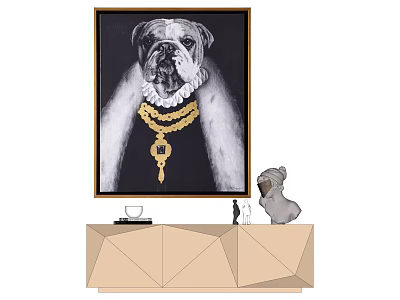 Bulldog Animal Painting With Golden Chain Collar Black Frame On Geometric Cabinet Small Figurine 3d model
