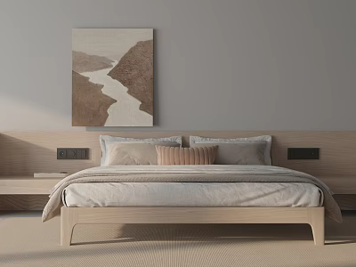 Minimalist Double Bed With Wooden Headboard And Neutral Pillows Against Beige Wall With Landscape Painting 3d model