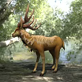 Mythical Deer With Large Antlers Standing By Forest River Golden Fur And Natural Wooded Background