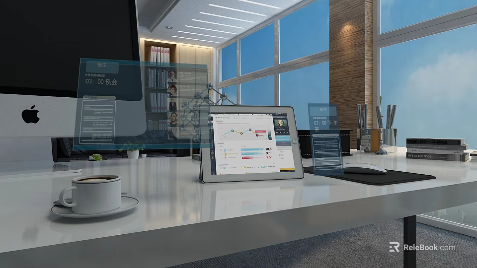 Modern Office Desk With Tablet Data Charts Coffee Cup Transparent Display And Bright Window 3d model 