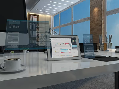 Modern Office Desk With Tablet Data Charts Coffee Cup Transparent Display And Bright Window 3d model