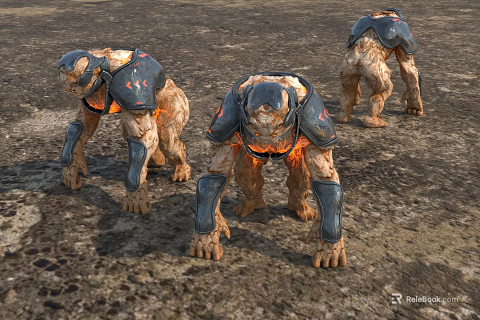 Game Monsters With Lava Effects Rock Bodies Black Armor And Muscular Limbs On Rough Ground 3d model 