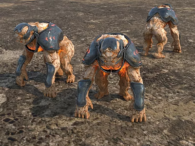 Game Monsters With Lava Effects Rock Bodies Black Armor And Muscular Limbs On Rough Ground 3d model