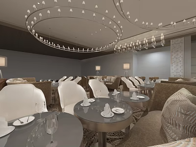 Elegant Restaurant Interior With Round Tables White Chairs Chandeliers And Decorative Walls 3d model