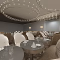 Elegant Restaurant Interior With Round Tables White Chairs Chandeliers And Decorative Walls