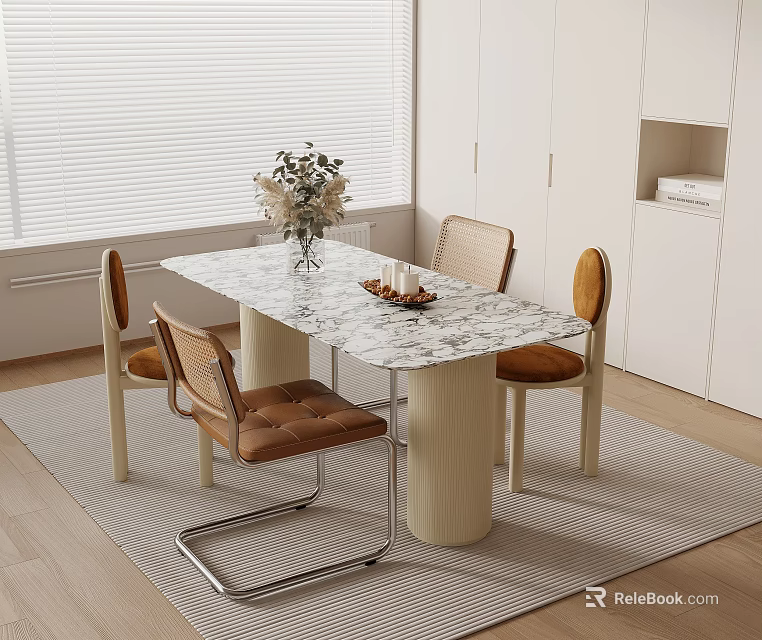 Modern Dining Table And Chairs Set With Marble Top Leather Chairs And White Cabinets 3d model 
