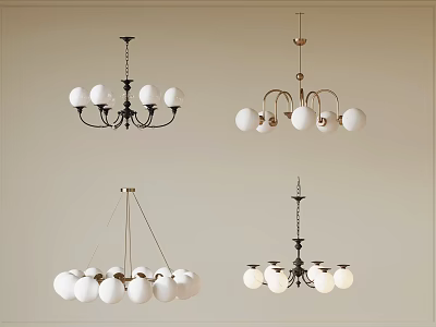 Various Modern Chandelier Designs Featuring White Globe Shades and Metal Hanging Frames 3d model