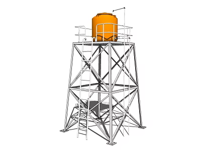 Industrial Equipment Featuring Orange Storage Tank on Metal Tower Frame with Ladder 3d model