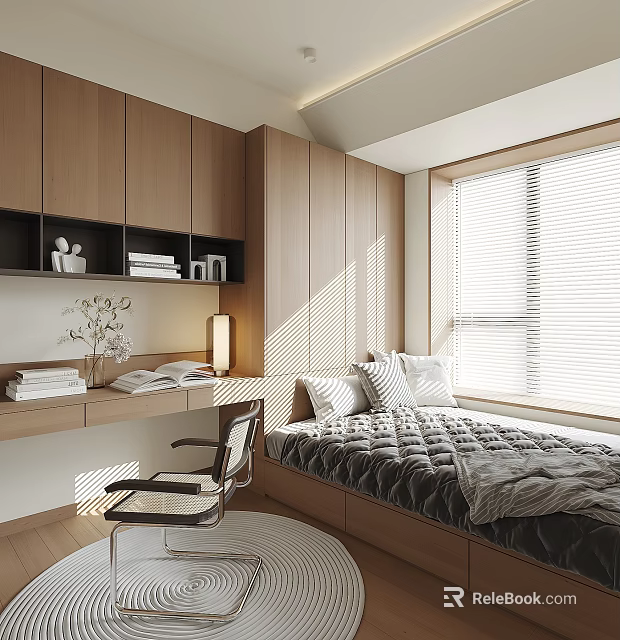 Tatami Bedroom Interior With Wooden Cabinetry Desk Chair And Sunlit Window Blinds 3d model 