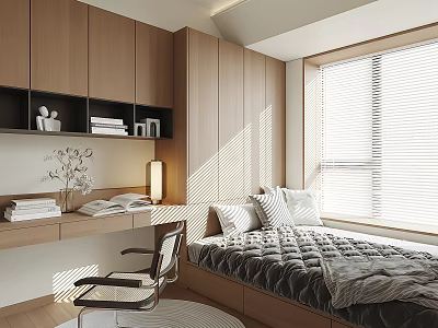 Tatami Bedroom Interior With Wooden Cabinetry Desk Chair And Sunlit Window Blinds 3d model