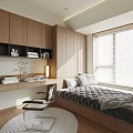 Tatami Bedroom Interior With Wooden Cabinetry Desk Chair And Sunlit Window Blinds