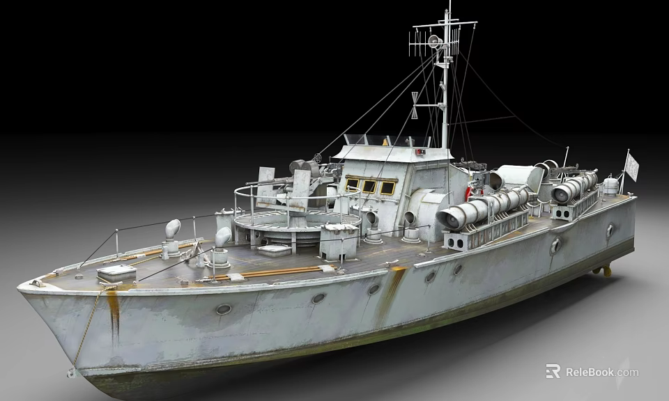 Vintage Military Ship Model With Rusted Hull Deck Equipment And Antenna 3d model 