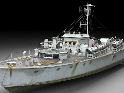 Vintage Military Ship Model With Rusted Hull Deck Equipment And Antenna 3d model