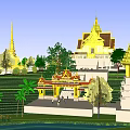 Traditional Ancient Southeast Asian Architecture With Golden Spire Roof Stone Wall And Trees
