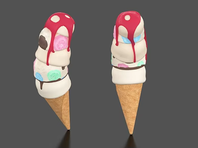 Delicious Ice Cream Cones With Red Drizzle Colorful Toppings And Creamy Layers 3d model