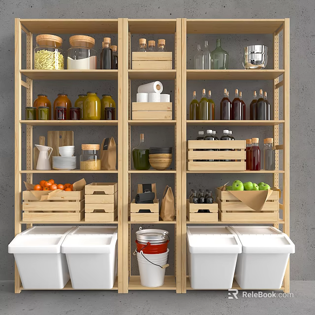 Wooden Storage Shelving Unit With Glass Jars Bottles Fruits Wooden Crates And Trash Bins 3d model 