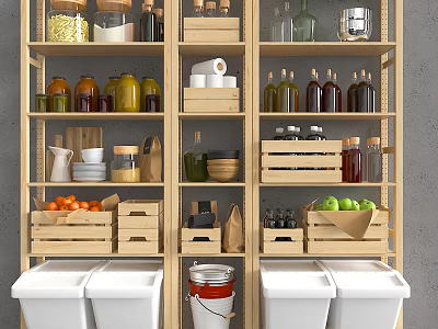 Wooden Storage Shelving Unit With Glass Jars Bottles Fruits Wooden Crates And Trash Bins 3d model